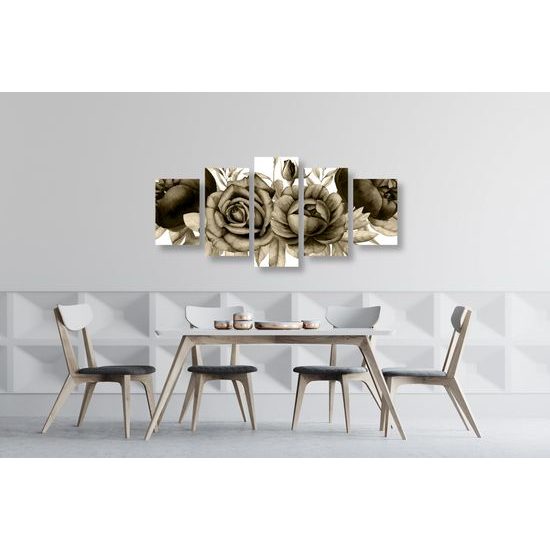 5-dielny obraz nežné splynutie ruží a listov v sépiovom prevedení
