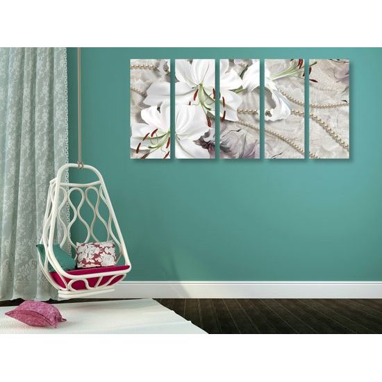 5-dielny obraz zátišie s ľáliami a perlami