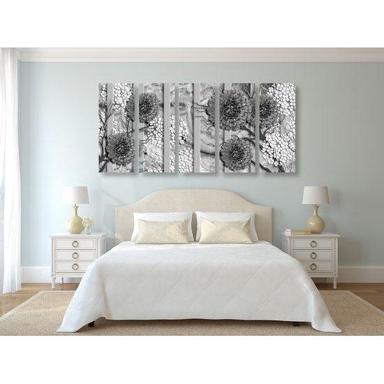 5-dielny obraz kvety gerbery v čiernobielom prevedení