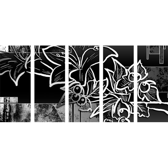 5-dielny obraz abstraktná kvetina v čiernobielom prevedení