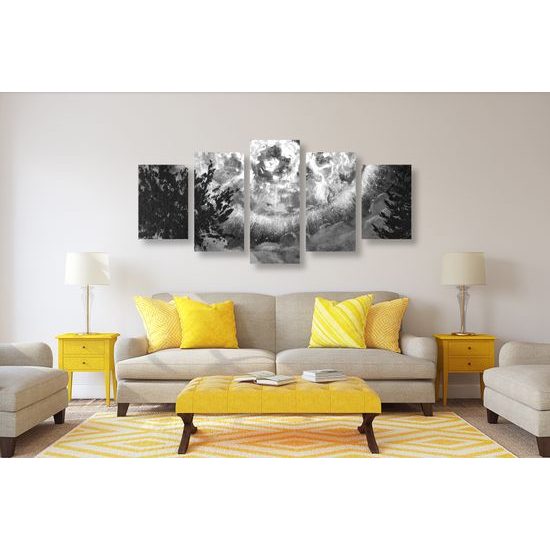 5-dielny obraz magický spln v čiernobielom prevedení