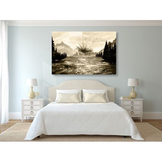 Obraz maľovaná horská krajinka v sépiovom prevedení