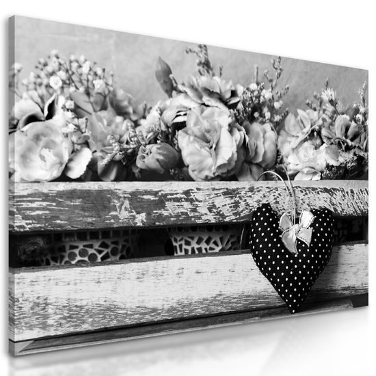Obraz kvety karafiátu a srdiečko v čiernobielom prevedení
