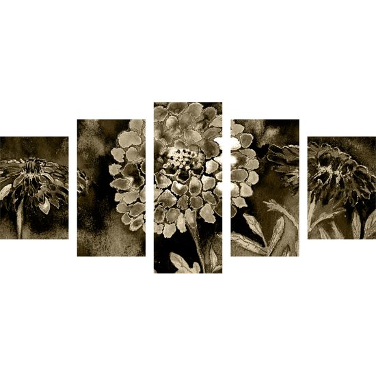 5-dielny obraz sépiova olejomaľba kvetov