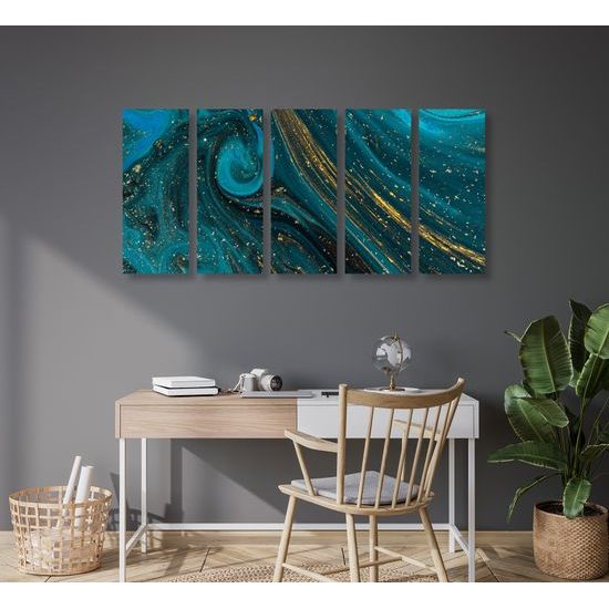 5-dielny obraz abstrakcia v petrolejovo zlatých farbách