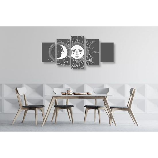 5-dielny obraz symboly slnka a mesiaca v čiernobielom prevedení