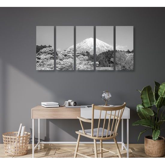 5-dielny obraz Japonská sopka Fuji v čiernobielom prevedení