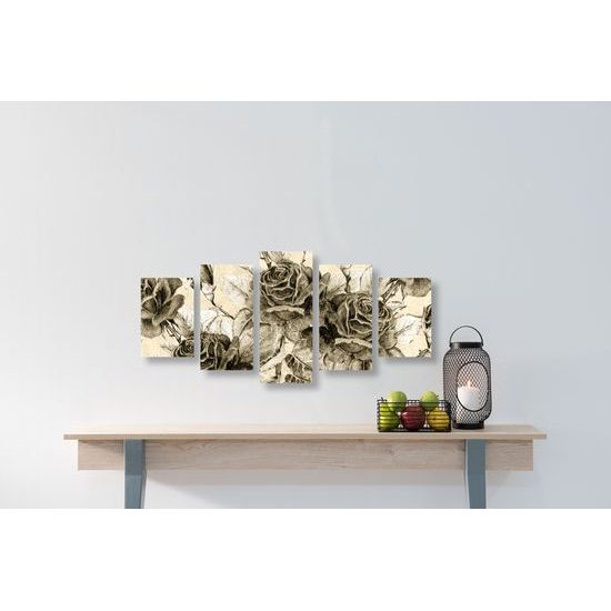 5-dielny obraz divé ruže v sépiovom prevedení