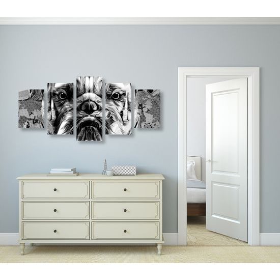 5-dielny obraz nahnevaný buldoček v čiernobielom prevedení