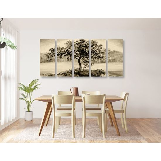 5-dielny obraz samotná čerešňa v sépiovom prevedení