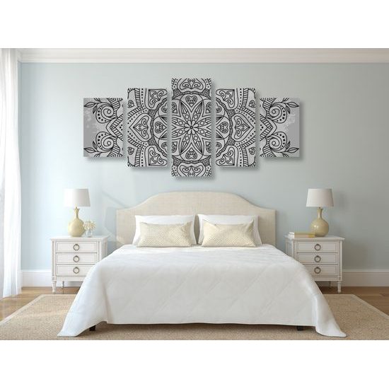 5-dielny obraz starodávna Mandala v čiernobielom prevedení