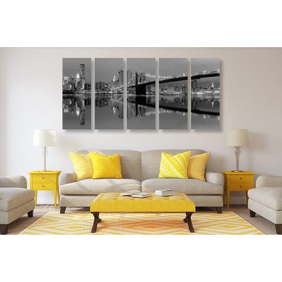 5-dielny obraz krása nočného Manhattanu v čiernobielom prevedení