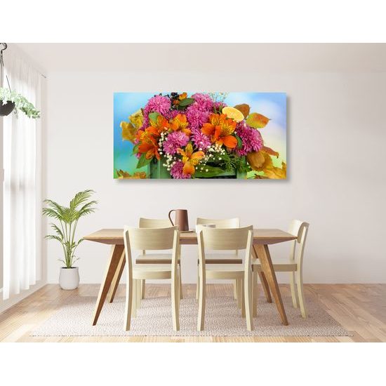 Obraz jesenné zátišie drevená debnička plná kvetov