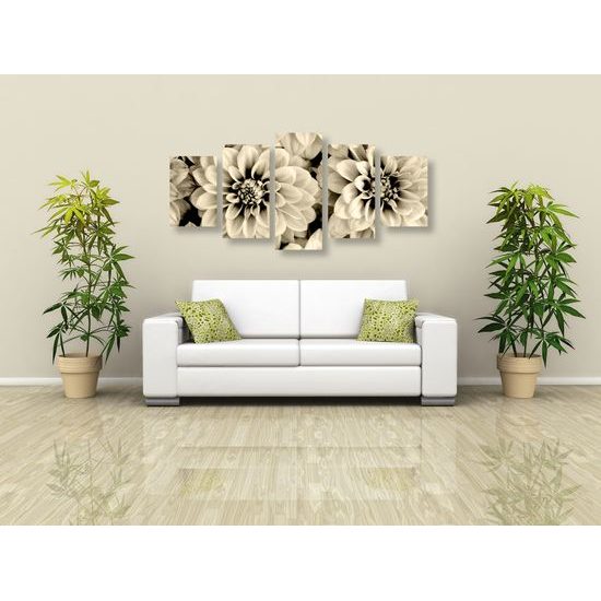 5-dielny obraz jemné rozkvitnuté dálie v sépiovom prevedení