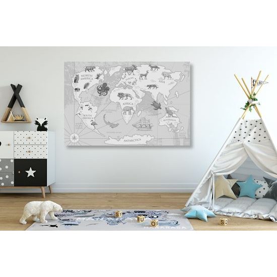 Obraz kreslená mapa sveta s zvieratami v čiernobielom prevedení
