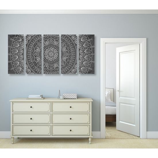 5-dielny obraz umelecká Mandala v čiernobielom prevedení