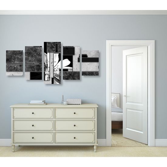 5-dielny obraz kvet v čiernobielom ráme