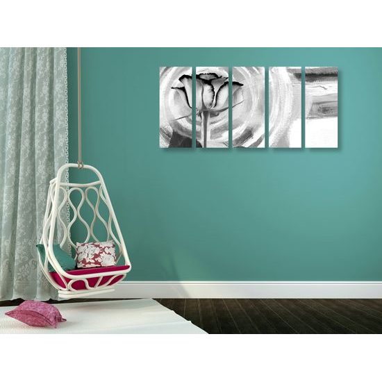 5-dielny obraz ruža na maľovanom pozadí v čiernobielom prevedení