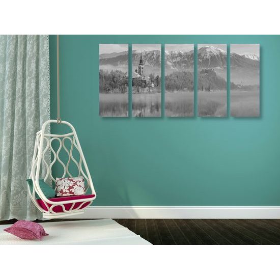 5-dielny obraz kostol na skale v čiernobielom prevedení