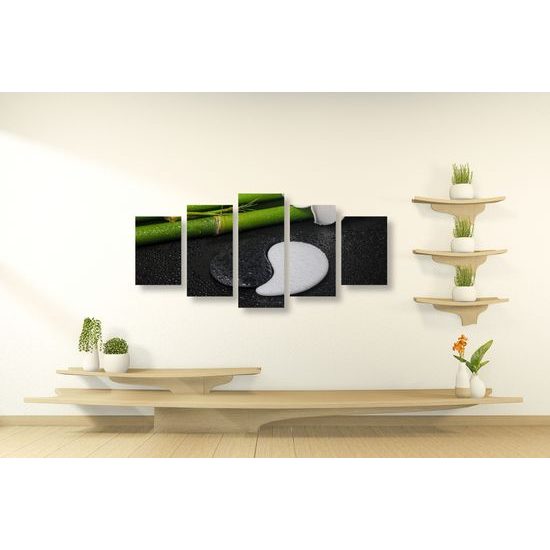 5-dielny obraz bambusové zátišie so symbolom Jin a Jang