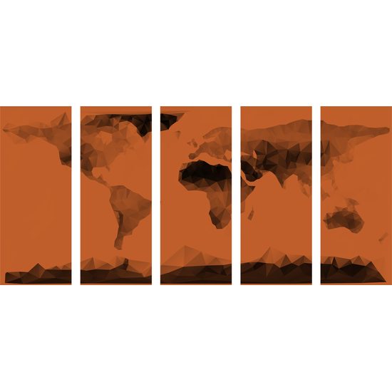 5-dielny obraz mapa sveta tvorená mnohouholníkmi v oranžovom prevedení