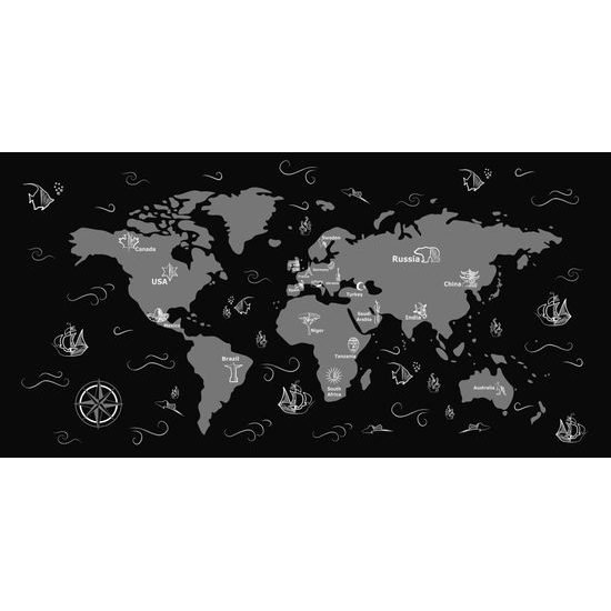 Obraz dobrodrúžna mapa sveta v čiernobielom prevedení