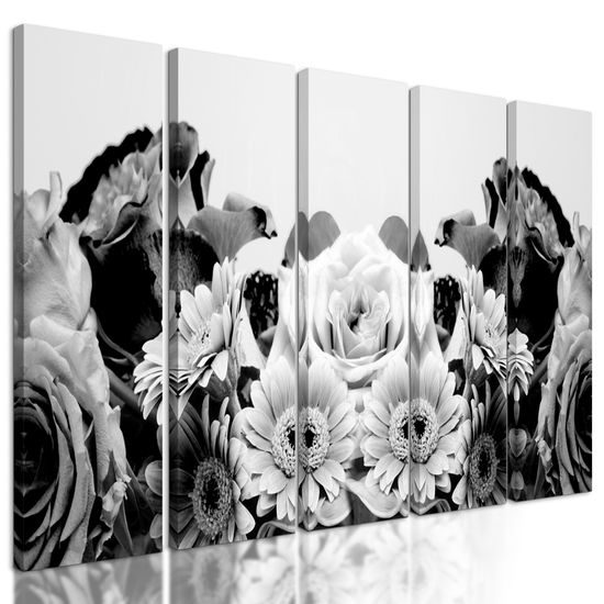 5-dielny obraz pôvabná kvetinová kompozícia v čiernobielom prevedení