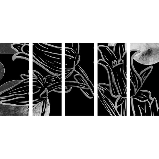 5-dielny obraz kvety v abstraktnom čiernobielom prevedení