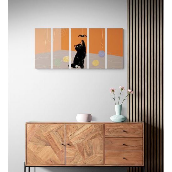 5-dielny obraz umelecké stvárnenie hravej čiernej mačky