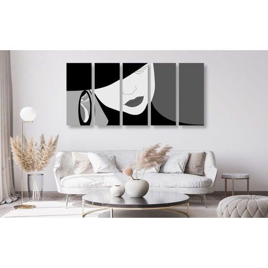 5-dielny obraz elgantnosť ženy v čiernobielom prevedení