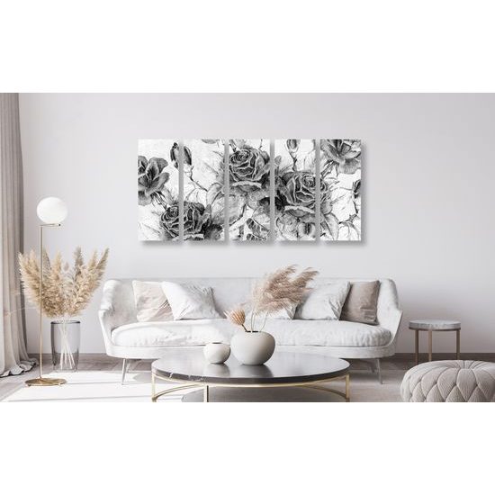 5-dielny obraz divé ruže v čiernobielom prevedení