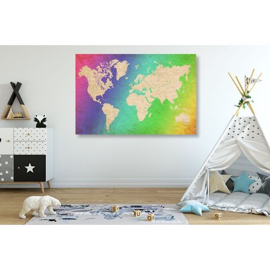 Obraz na korku mapa sveta s dúhovým pozadím