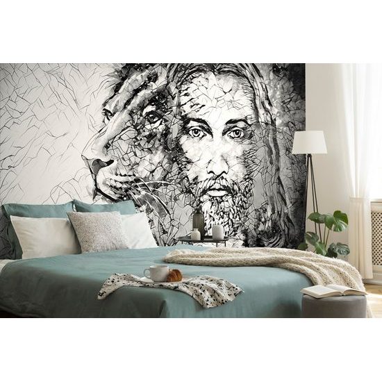 Samolepiaca tapeta spojenie leva a stvoriteľa v čiernobielom prevedení