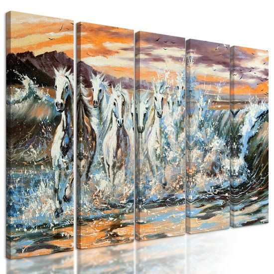 5-dielny obraz kone brodiace sa vo vode
