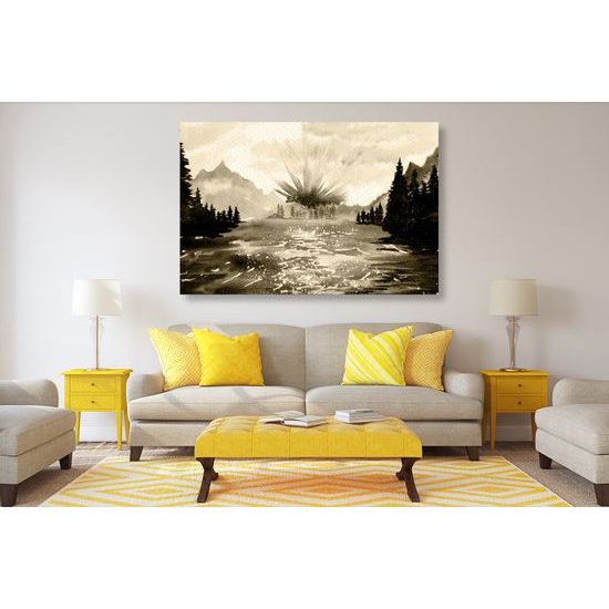 Obraz maľovaná horská krajinka v sépiovom prevedení