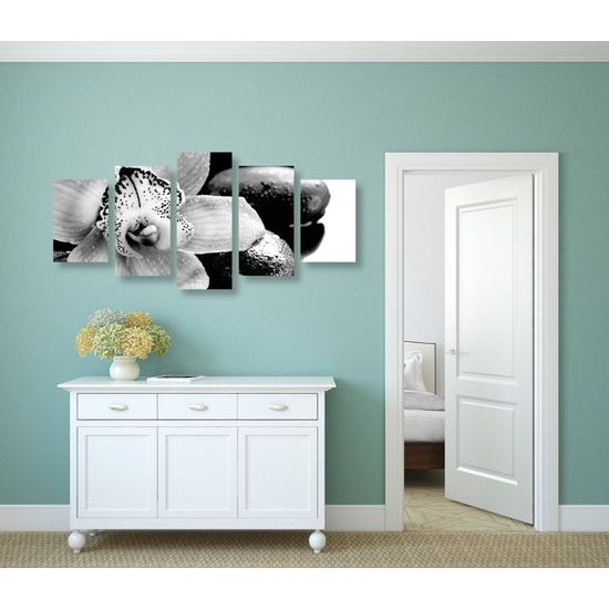 5-dielny obraz čiernobiely kvet orchidei