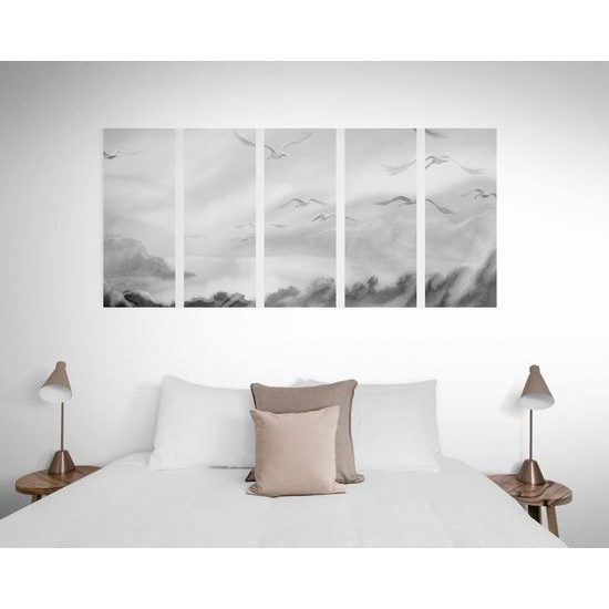 5-dielny obraz divoké čajky v čiernobielom prevedení