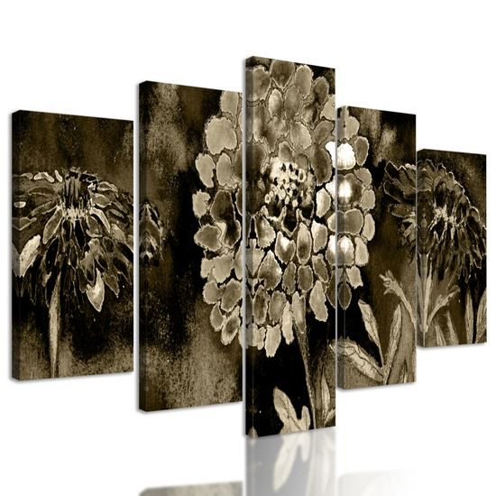 5-dielny obraz sépiova olejomaľba kvetov