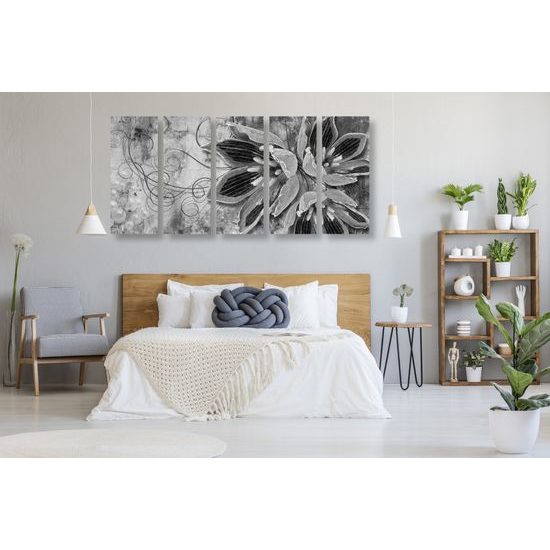 5-dielny obraz abstraktný kvet v čiernobielom prevedení