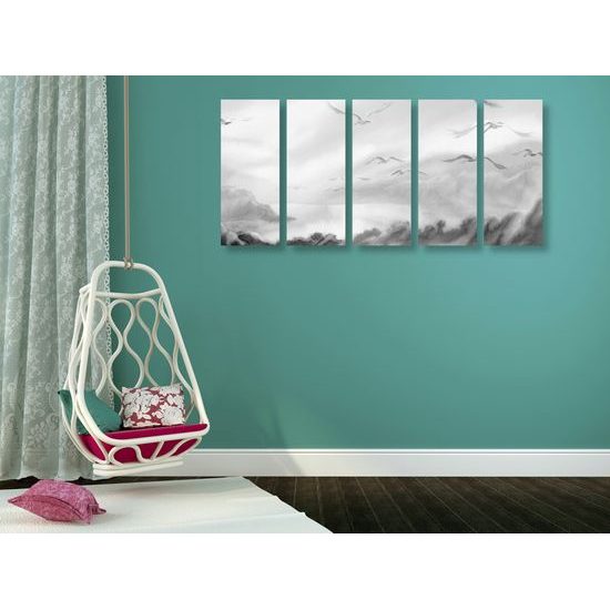 5-dielny obraz divoké čajky v čiernobielom prevedení