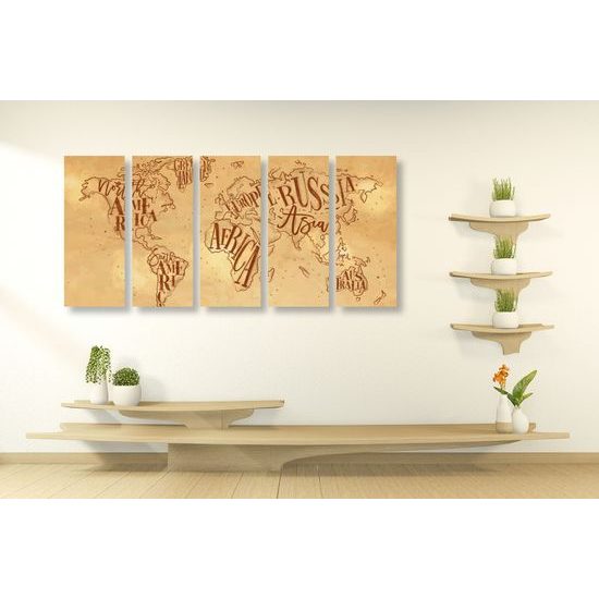 5-dielny obraz abstraktná mapa celého sveta vo vintage prevedení