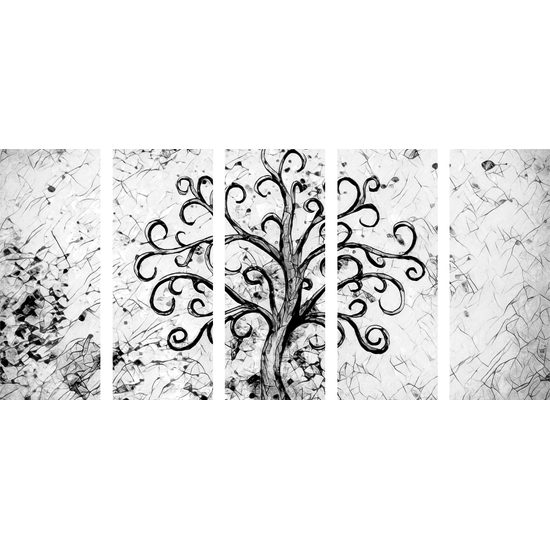 5-dielny obraz nehynúci strom života v čiernobielom prevedení