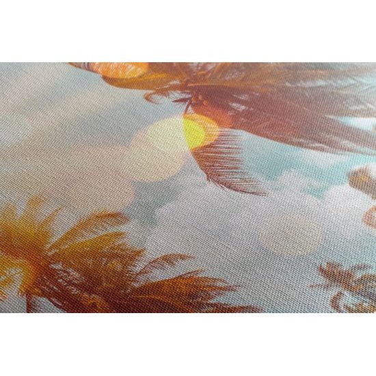 Obraz slnko predierajúce sa ponad palmy