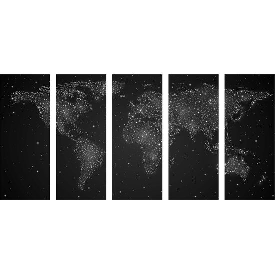5-dielny obraz mapa sveta na nočnej oblohe v čiernobielom prevedení