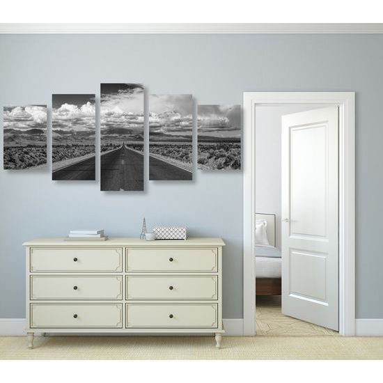 5-dielny obraz cesta pušťou v čiernobielom prevedení