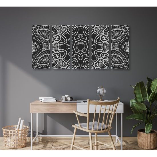 5-dielny obraz čiernobiela Mandala v indickom štýle