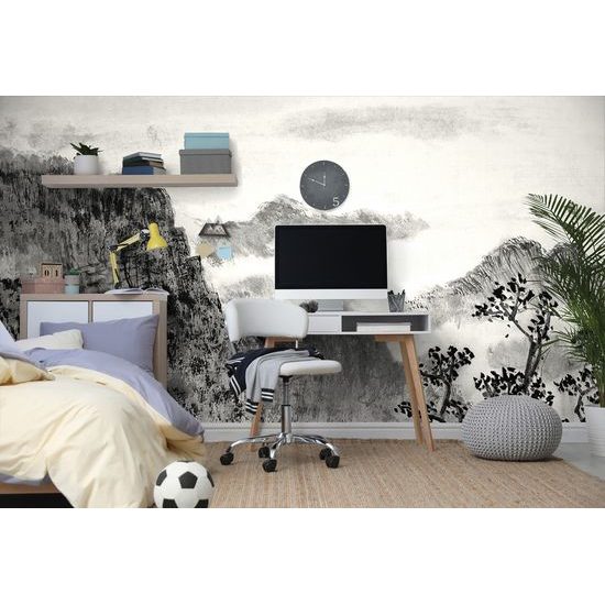 Samolepiaca tapeta čiernobiela maľba čínskej krajiny