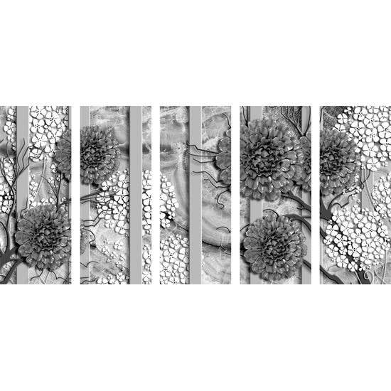 5-dielny obraz kvety gerbery v čiernobielom prevedení