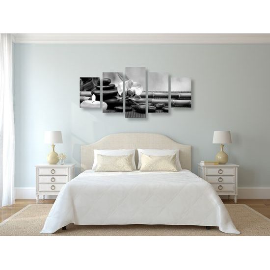 5-dielny obraz záhrada Feng Shui v čiernobielom prevedení