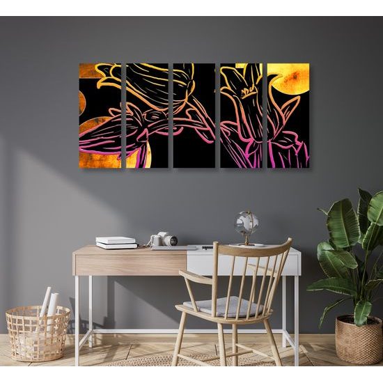 5-dielny obraz kvety v abstraktnom neónovom prevedení